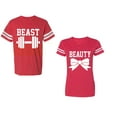 thumbnail image 1 of Old Beast Beauty Unisex Couple Matching Cotton Jersey style T-Shirt Contrasting stripes on sleeves (Men Red / Women Red) (Men L / Women M), 1 of 3