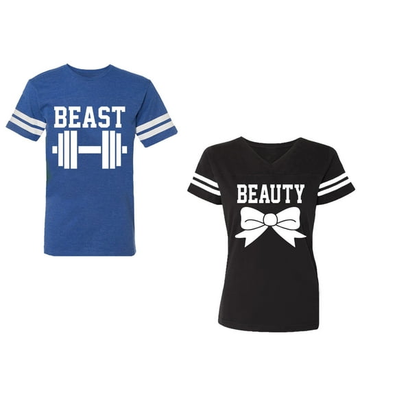 Old Beast Beauty Unisex Couple Matching Cotton Jersey style T-Shirt Contrasting stripes on sleeves (Men Royal / Women Black) (Men S / Women S)