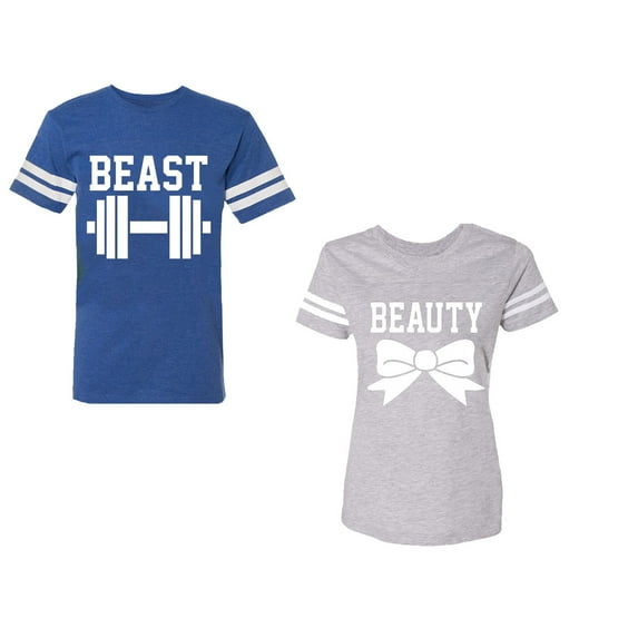 Old Beast Beauty Unisex Couple Matching Cotton Jersey style T-Shirt Contrasting stripes on sleeves (Men Royal / Women Heather) (Men L / Women L)