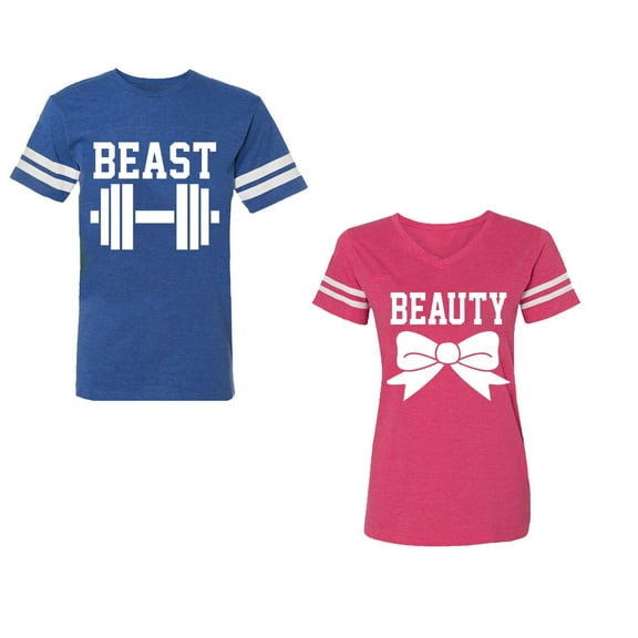 Old Beast Beauty Unisex Couple Matching Cotton Jersey style T-Shirt Contrasting stripes on sleeves (Men Royal / Women Pink) (Men S / Women M)
