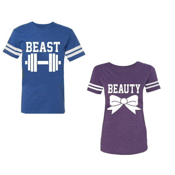 Old Beast Beauty Unisex Couple Matching Cotton Jersey style T-Shirt Contrasting stripes on sleeves (Men Royal / Women Purple) (Men XL / Women XXL)