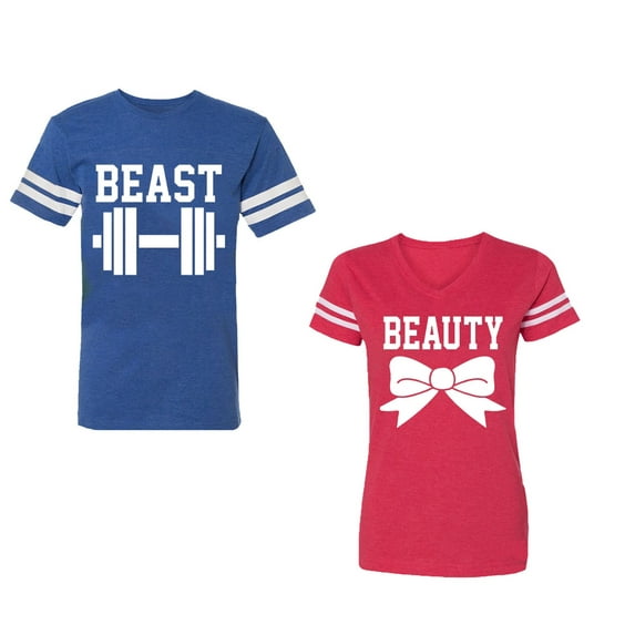Old Beast Beauty Unisex Couple Matching Cotton Jersey style T-Shirt Contrasting stripes on sleeves (Men Royal / Women Red) (Men M / Women M)
