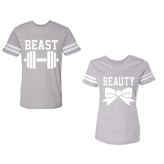 Old Beast Beauty Unisex Couple Matching Cotton Jersey style T-Shirt Contrasting stripes on sleeves (Men Heather / Women Heather) (Men XXXL / Women XXL)