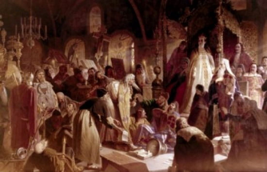 Old Believer Priest Nikita Pustosviat Disputing with Patriarch Joachim on Matters of Faith by Vasiliy Perov 1880-81 1834-1882 Canvas Art - Vasiliy Perov (24 x 36)