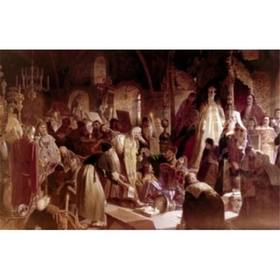 Old Believer Priest Nikita Pustosviat Disputing with Patriarch Joachim on Matters of Faith by Vasiliy Perov 1880-1881 & 1834-1882 Poster Print