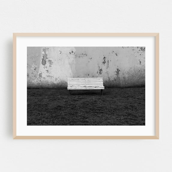 Old Bench - Buenos Aires Argentina Photography Black and White Minimalist Abandoned Rustic Graffiti Vintage Architecture Oak Framed Wall Art Print 20 x 30 inches