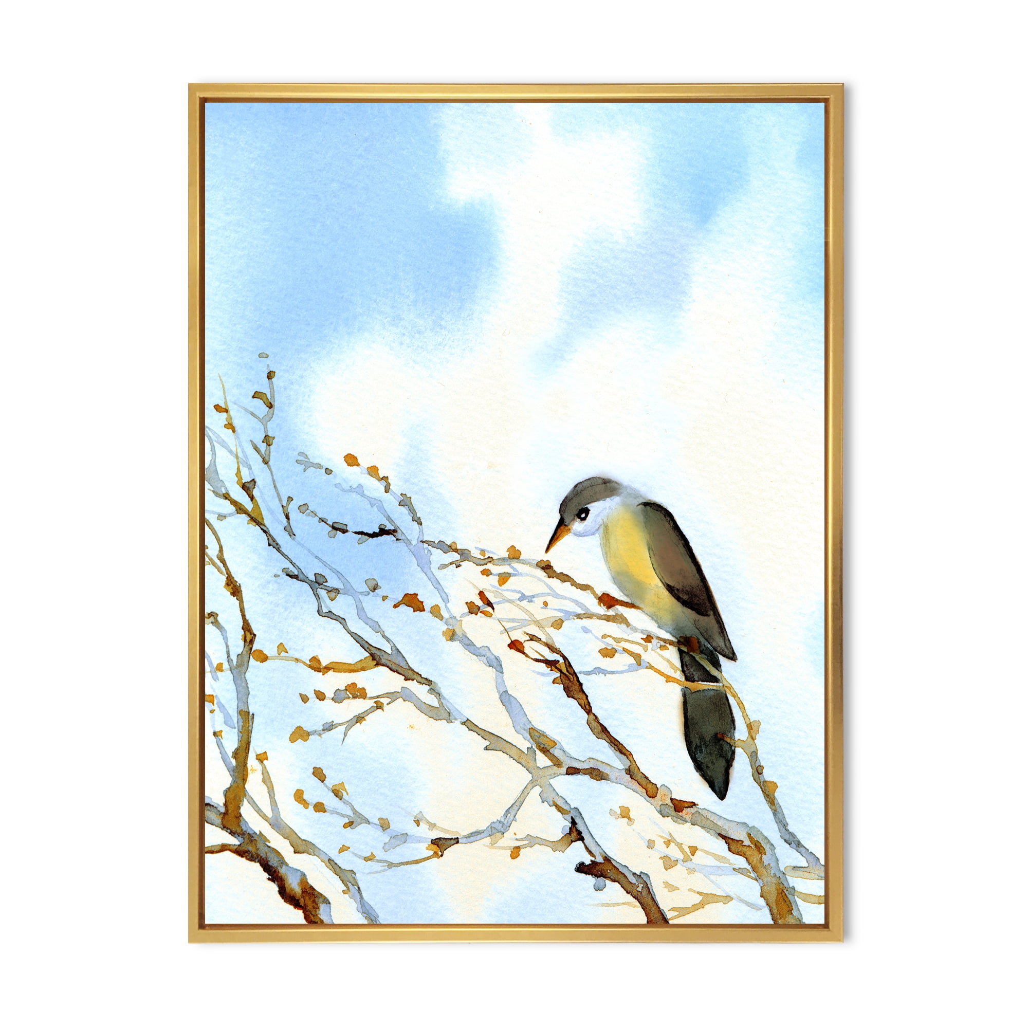 Old Bird Sitting On Tree 12 in x 20 in Framed Painting Canvas Art Print, by Designart