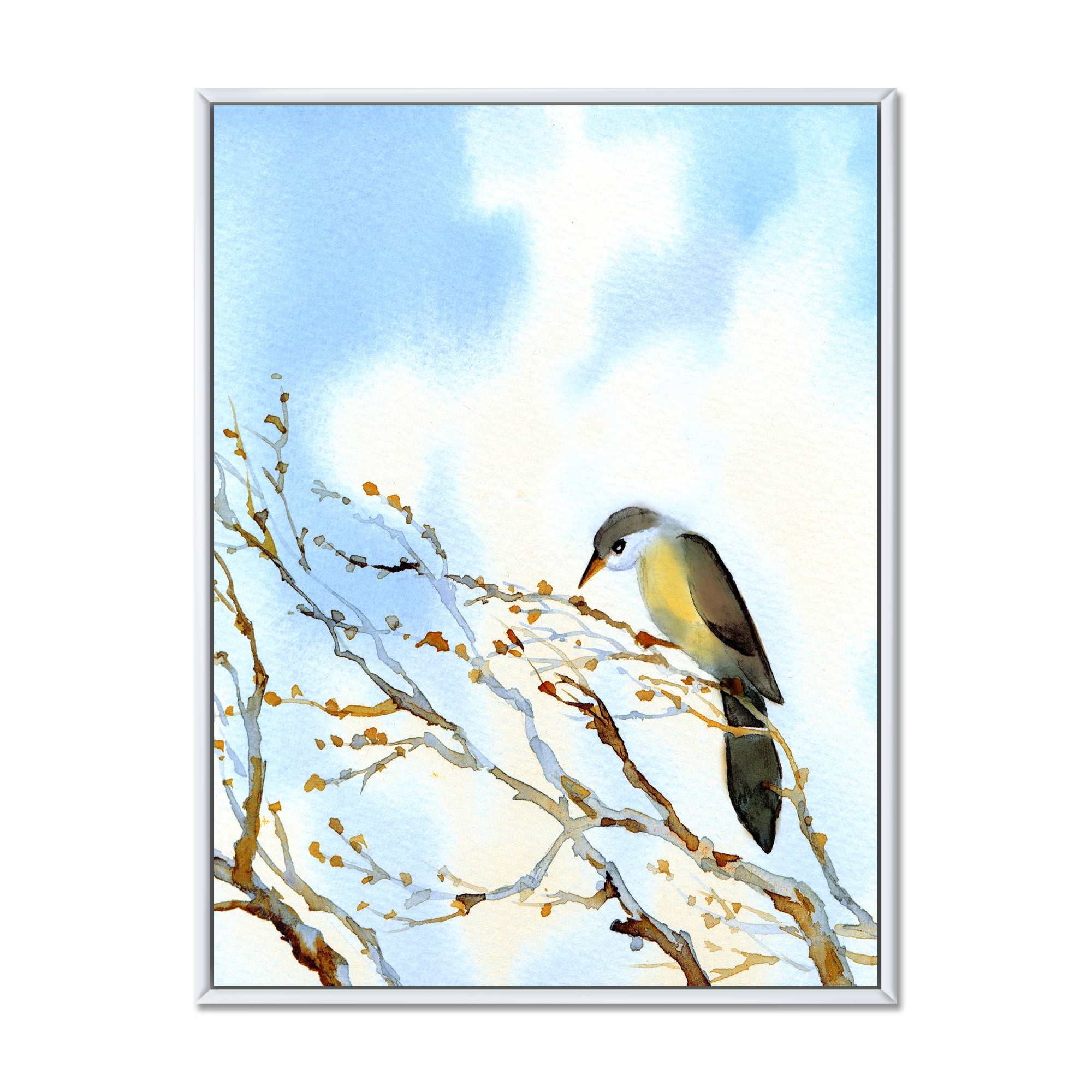Old Bird Sitting On Tree 16 in x 32 in Framed Painting Canvas Art Print, by Designart