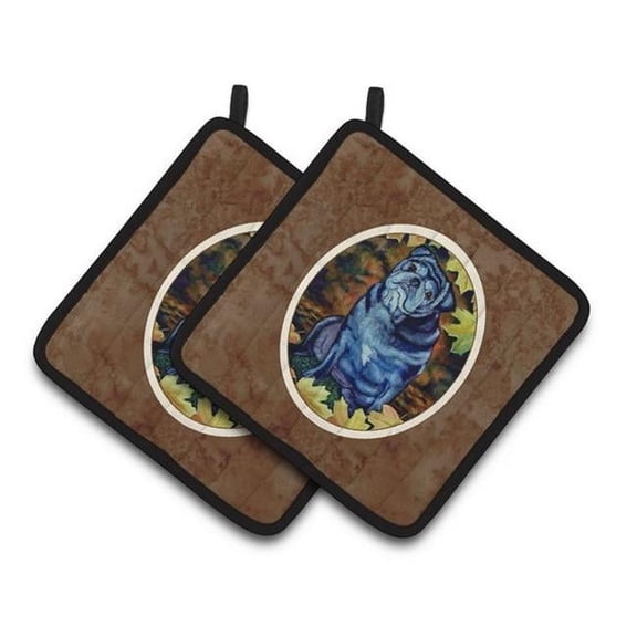 Old Black Pug in Fall Leaves Pair of Pot Holders 7.5 x 3 x 7.5 in.