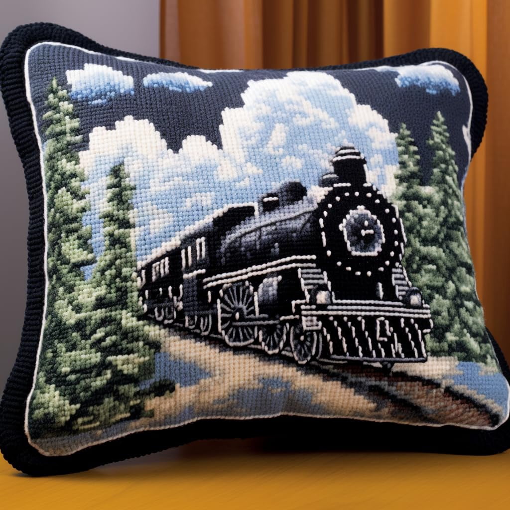 Old Black Steam Train Latch Hook Pillow Kits for Beginner Needle Crochet Yarn Kits with Stamped Canvas Embroidery Cushion DIY Hook and Latch Throw Pillow Sofa Decoration 43x43cm(2)