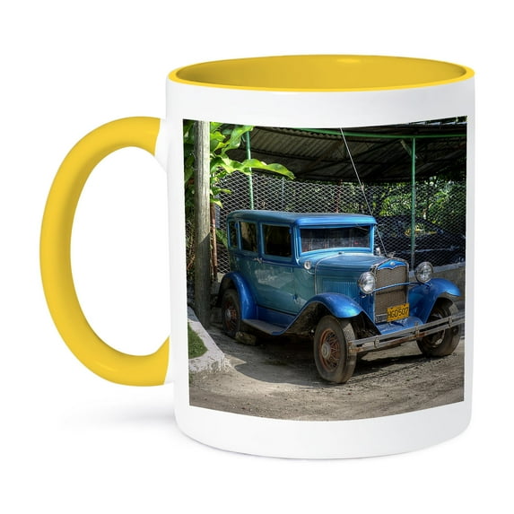 3dRose, OLD BLUE CAR, CUBA, TRAVEL, TRANSPORTATION, 11oz Two-Tone Yellow Mug
