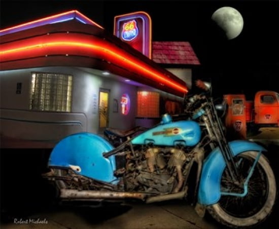 Old Blue Harley on Route 66 Canvas Art - Robert Michaels (18 x 15)