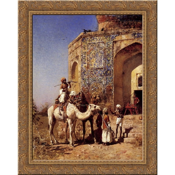 Old Blue Tiled Mosque, Outside of Delhi, India 24x20 Gold Ornate Wood Framed Canvas Art by Edwin Lord Weeks