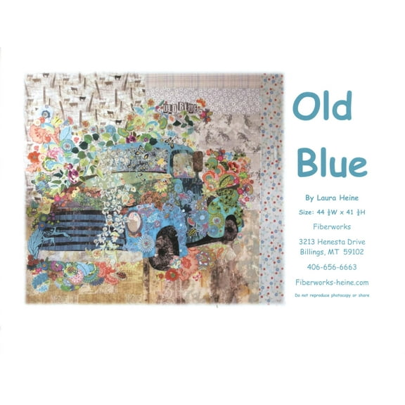 Old Blue Vintage Truck Fused Fabric Collage Quilt Pattern by Laura Heine of Fiberworks