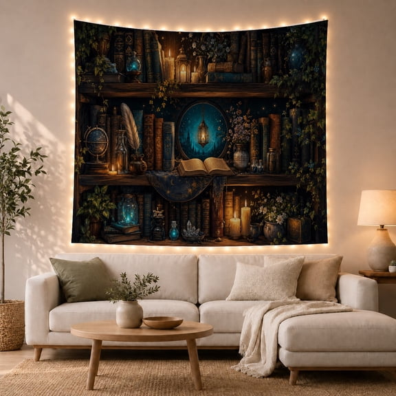 Old Books and Candles on a Wooden Shelf, Mystical Dark Academia for Book Enthusiasts, Fantasy Decor Picture, Housewarming Gift, Tapestry Wall Hanging for Study Room and Living Room