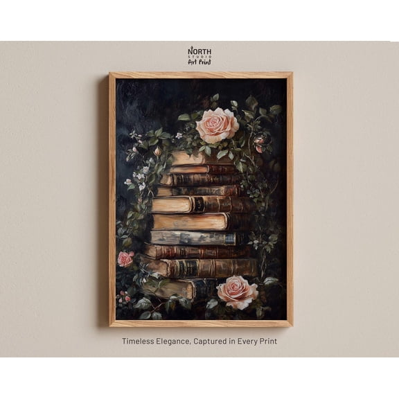 Old Books Dark Academia Cottagecore Pink Floral Library Poster, Unframed Poster