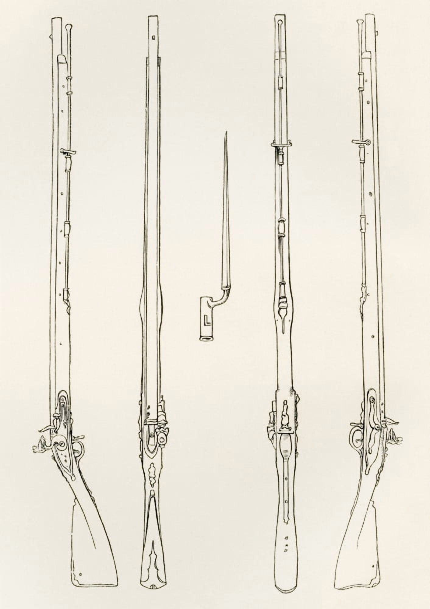 Old Brown Bess Regulation Muskets And Socket Bayonet From The British Army Its Origins Progress And Equipment Published 1868 Canvas Art - Ken Welsh Design Pics (24 x 34)