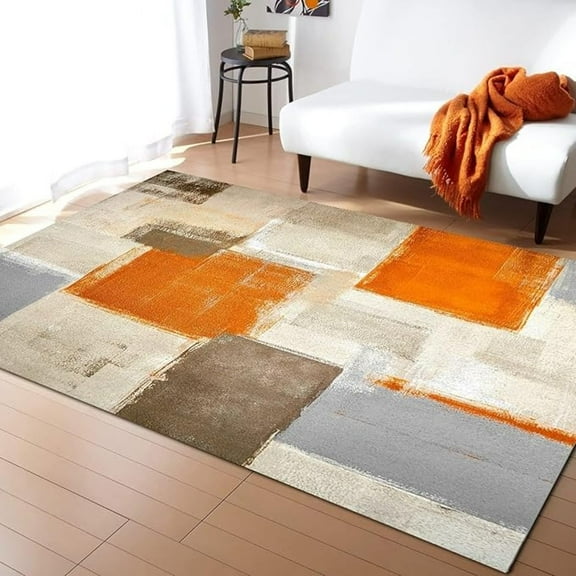 Old Brown Oil Painting Texture Area Rug, Orange Geometric Color Block Art Machine Washable Rugs, Easy Care Non-Shedding Large Carpet For Living Room Bedroom Dining Room 5x8ft