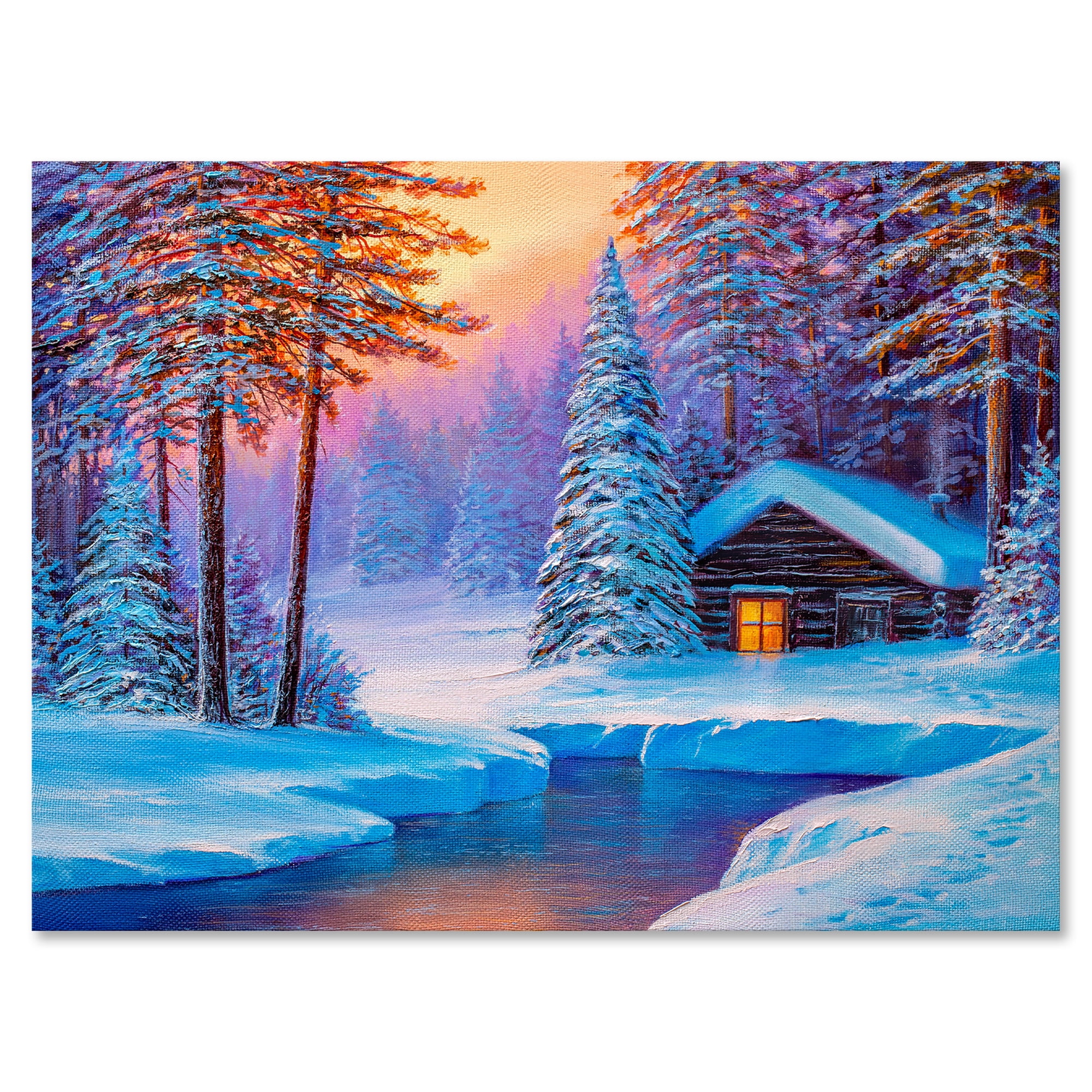 Old Cabin In Winter Forest In Evening Glow I 40 in x 30 in Painting Canvas Art Print, by Designart