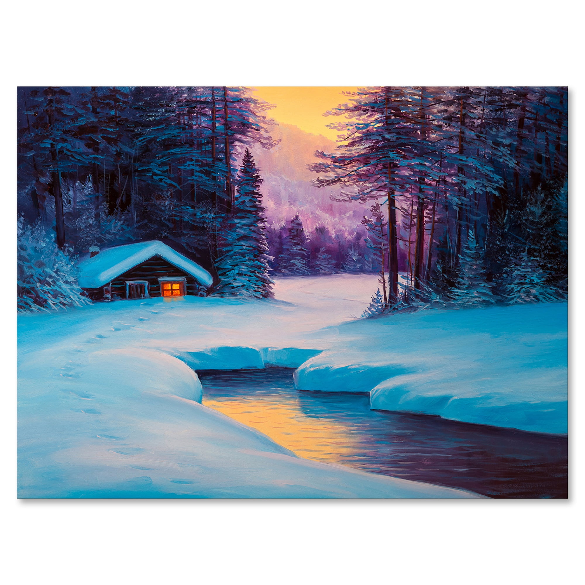 Old Cabin In Winter Forest In Evening Glow II 40 in x 30 in Painting Canvas Art Print, by Designart
