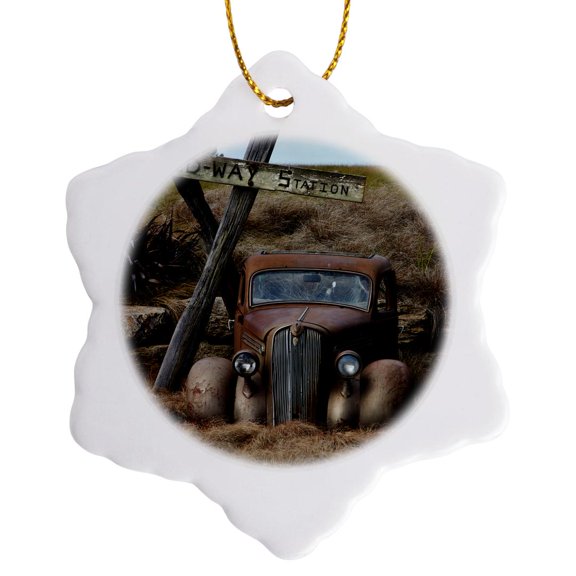 3drose, Old Car at Midway Point, Otago, South Island, New Zealand., 3 inch Snowflake Porcelain Ornament