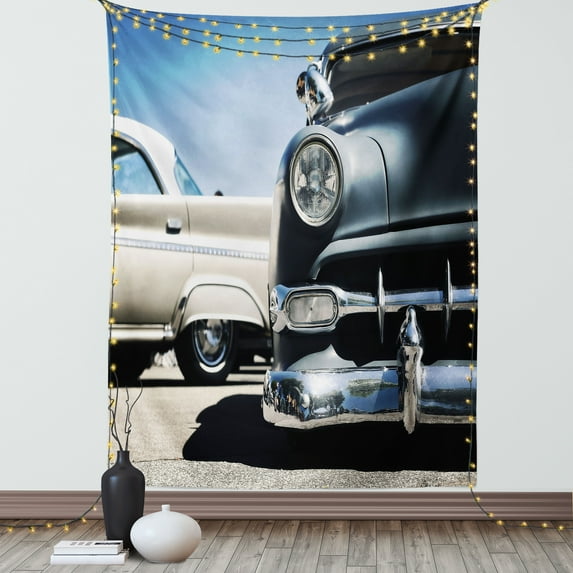 Old Car Decorations Wall Hanging Tapestry, American Classics Old Style Fifties Auto Wheels Transportation History Art Print, Bedroom Living Room Dorm Accessories, 60 X 80 Inches, by Ambesonne