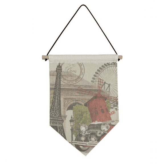 Old Car France Eiffel Tower Canvas Flag Hanging Wall Art Decor Banner