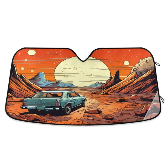 Old Car and Sunset Car Windshield Sun Shade Foldable Car Front Window Visor Heat and UV Protection 53x23.5