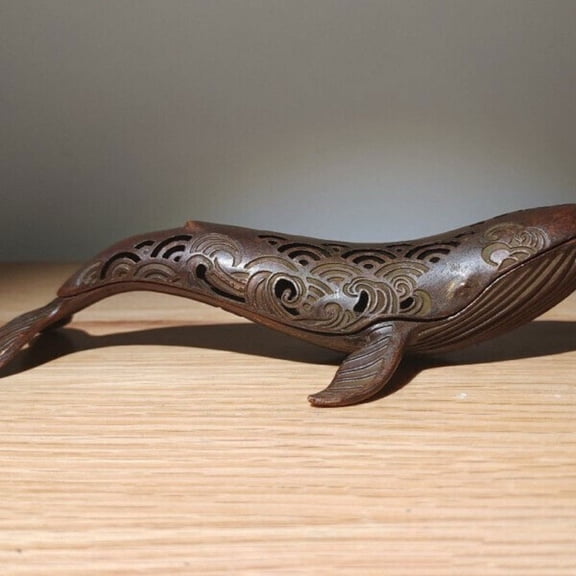 Old Chinese Handmade Red Copper Water Corrugated Fish Shaped Incense Burner -