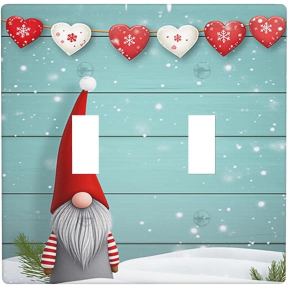Old Christmas Gnome 2-Gang Switch Covers Winter Snowflake Pine Leaf Red Heart Wood Double Toggle Wall Plate Outlet Covers Light Plug for Kitchen Home