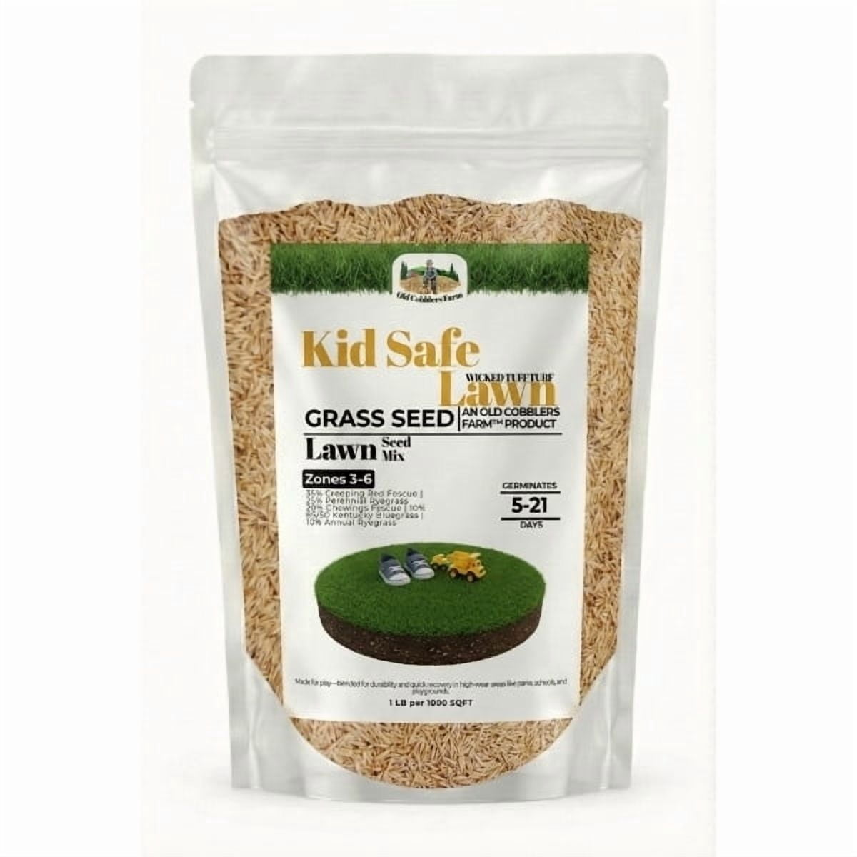 Old Cobblers Farm™ Wicked Tuff Turf Kid Safe Lawn – Soft, Durable Grass Seed Blend for Family Play Areas, Yards & Overseeding (5 lbs | 10 lbs | 15 lbs | 20 lbs)(20lbs)