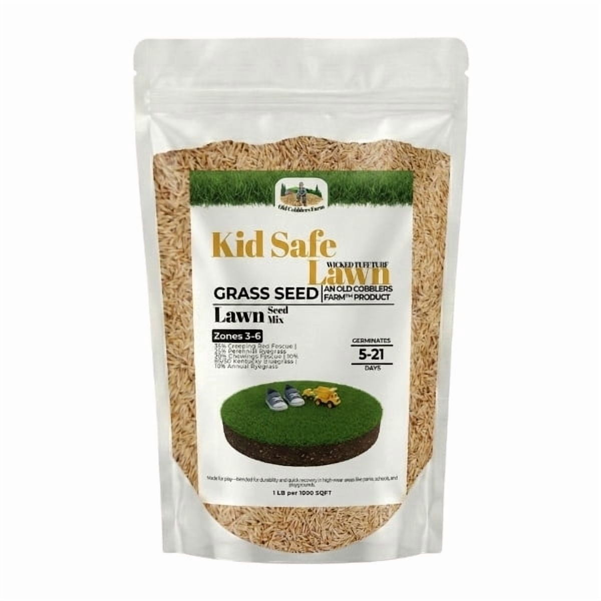 Old Cobblers Farm™ Wicked Tuff Turf Kid Safe Lawn – Soft, Durable Grass Seed Blend for Family Play Areas, Yards & Overseeding (5 lbs | 10 lbs | 15 lbs | 20 lbs ) (5lbs)