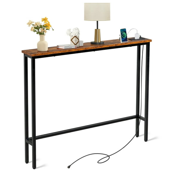 [Old Code: 04863538]39.4" Narrow Console Sofa Table with Power Outlets and USB Ports, Skinny Couch Table with Metal Frame and Charge Station with 4.9ft Extension Cord, Rustic Brown