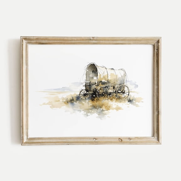 Old Covered Wagon on Open Plain Ink Wall Art Scenic Landscape Wall Art Rustic Modern Decor Living Room Office Home Gift Unframed Paper Print