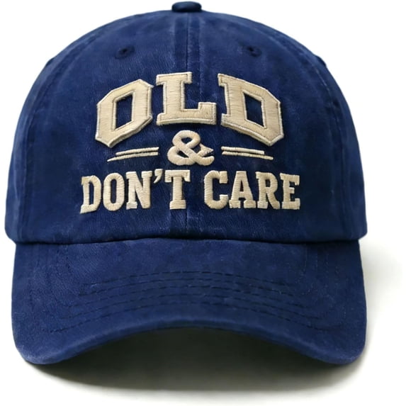 Old & Don't Care Embroidered Baseball Cap, Vintage Washed Distressed Low Profile Hat for Men Woman, Blue