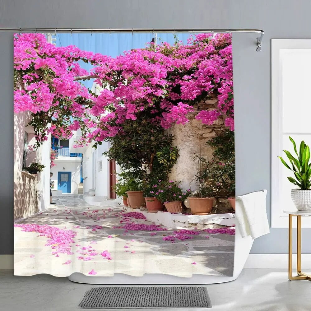 JOFKAXU Santorini Shower Curtain - Greece Island Purple Flower Scenery, Polyester Fabric, With Hooks - View #5