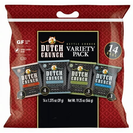 Old Dutch Dutch Crunch Variety Pack, Gluten Free Kettle Cooked Potato Chips, 14 Count, 1.375 oz Bags - Original, Salt & Vinegar, Jalapeno & Cheddar, Sour Cream & Dill