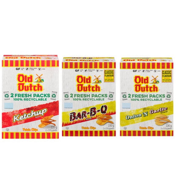 Old Dutch Variety Pack, Ketchup, BBQ, Onion & Garlic Chips, 220g/7.8 oz., Box of each