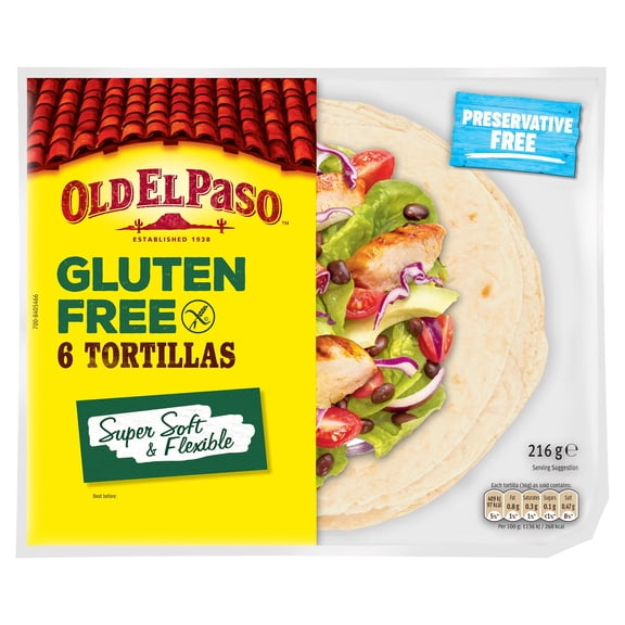 Old El Paso 6 Regular Gluten Free Tortilla Wraps 216G, Imported from Britain