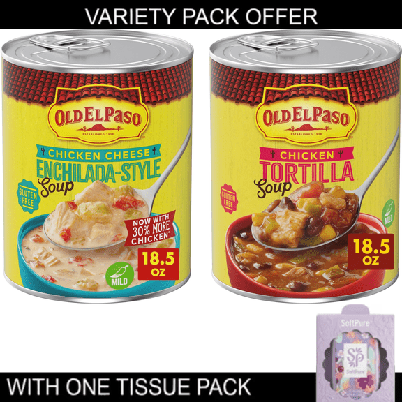 Old El Paso Chicken Tortilla Soup and Chicken Cheese Enchilada-Style Soup, 18.5 oz Cans, Pack of 2 with tissue pack