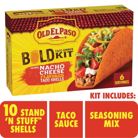 Old El Paso Bold Taco Dinner Kit with Nacho Cheese Flavored Taco Shells, Meal Prep, 9.5 oz