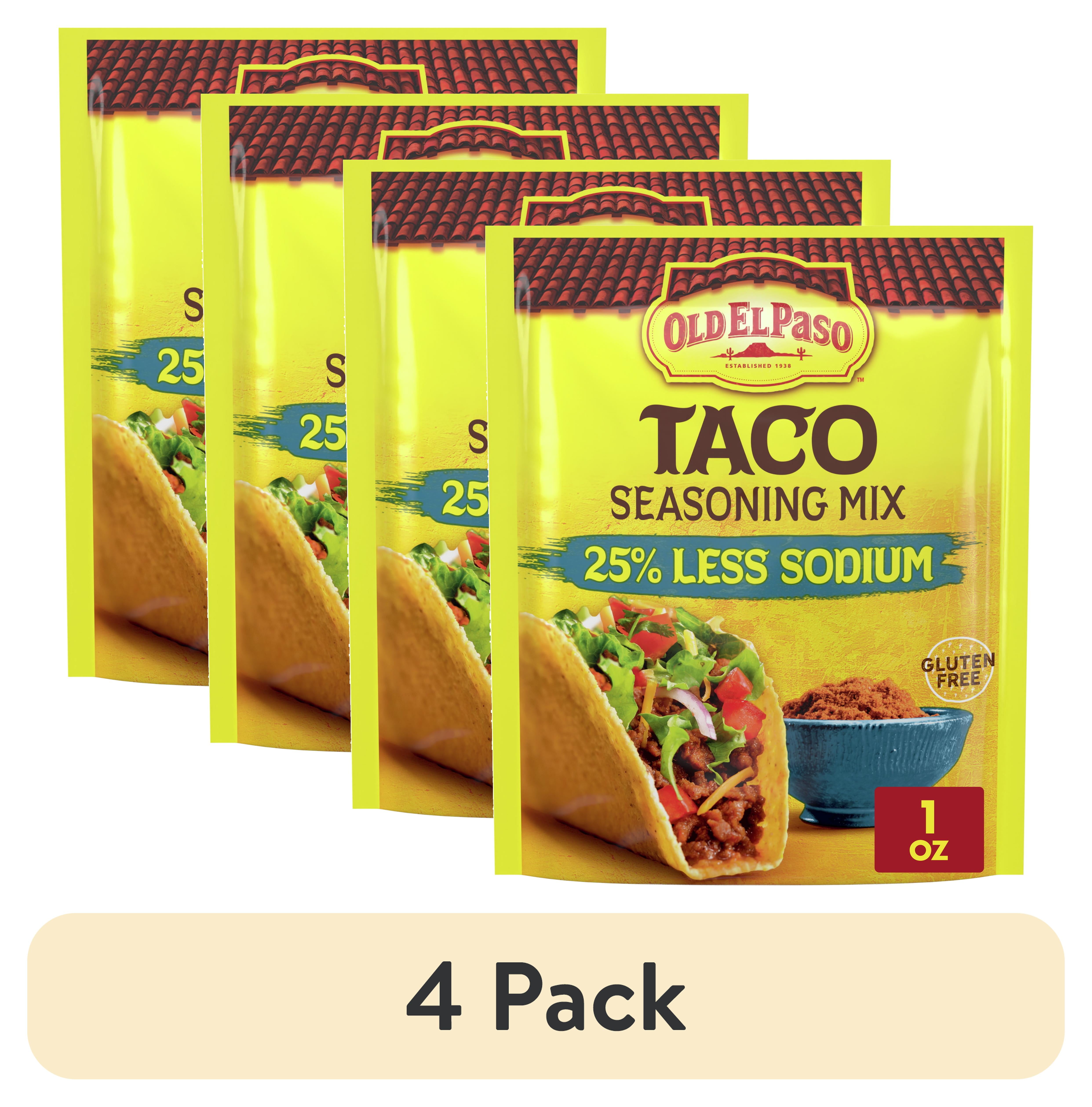 (4 pack) Old El Paso Taco Seasoning, 25 Less Sodium, 1 oz.