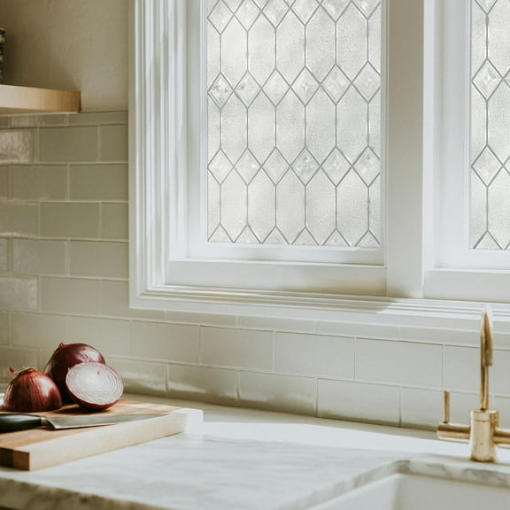 Old English 36 x 72 Inch Window Film Provides Privacy, Non-Adhesive, Textured Leaded Glass Pattern, UV Protection, Easy to Apply and Removable