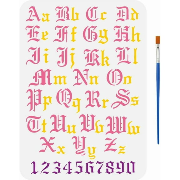 Old English Alphabet Painting Stencil with 1 Pc Plastic Paint Brush 8.3x11.7inch Reusable Calligraphy Letters & Numbers Pattern Stencil Letter Stencils