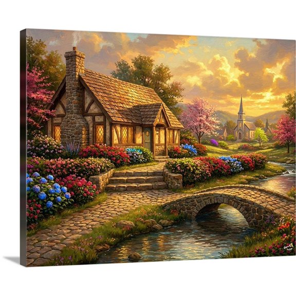Old English Cottage And Church Cobble Stone Bridge Creek Gallery Wall Art, Living Room And Gallery Wall Decor