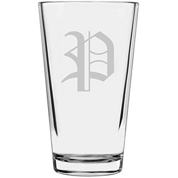 Old English Etched Monogram All Purpose 16oz Libbey Pint Glass Letter P