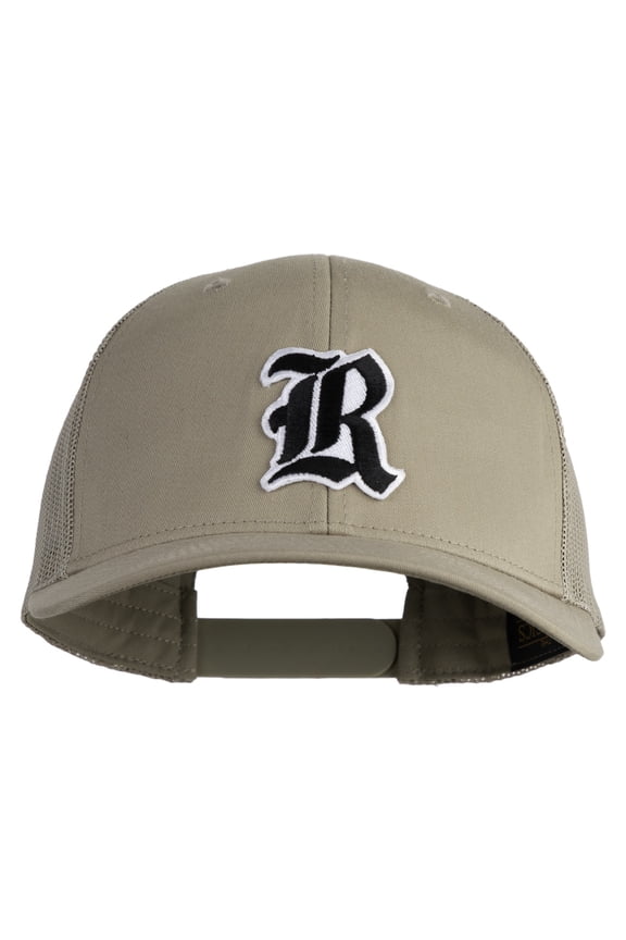 Old English R Iron on Patched Retro Trucker Cap - Khaki OSFM