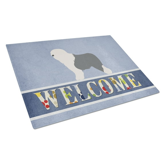 Old English Sheepdog Bobtail Glass Cutting Board Large Blue