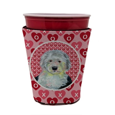 Old English Sheepdog Hearts Love and Valentines Day Red Cup Hugger