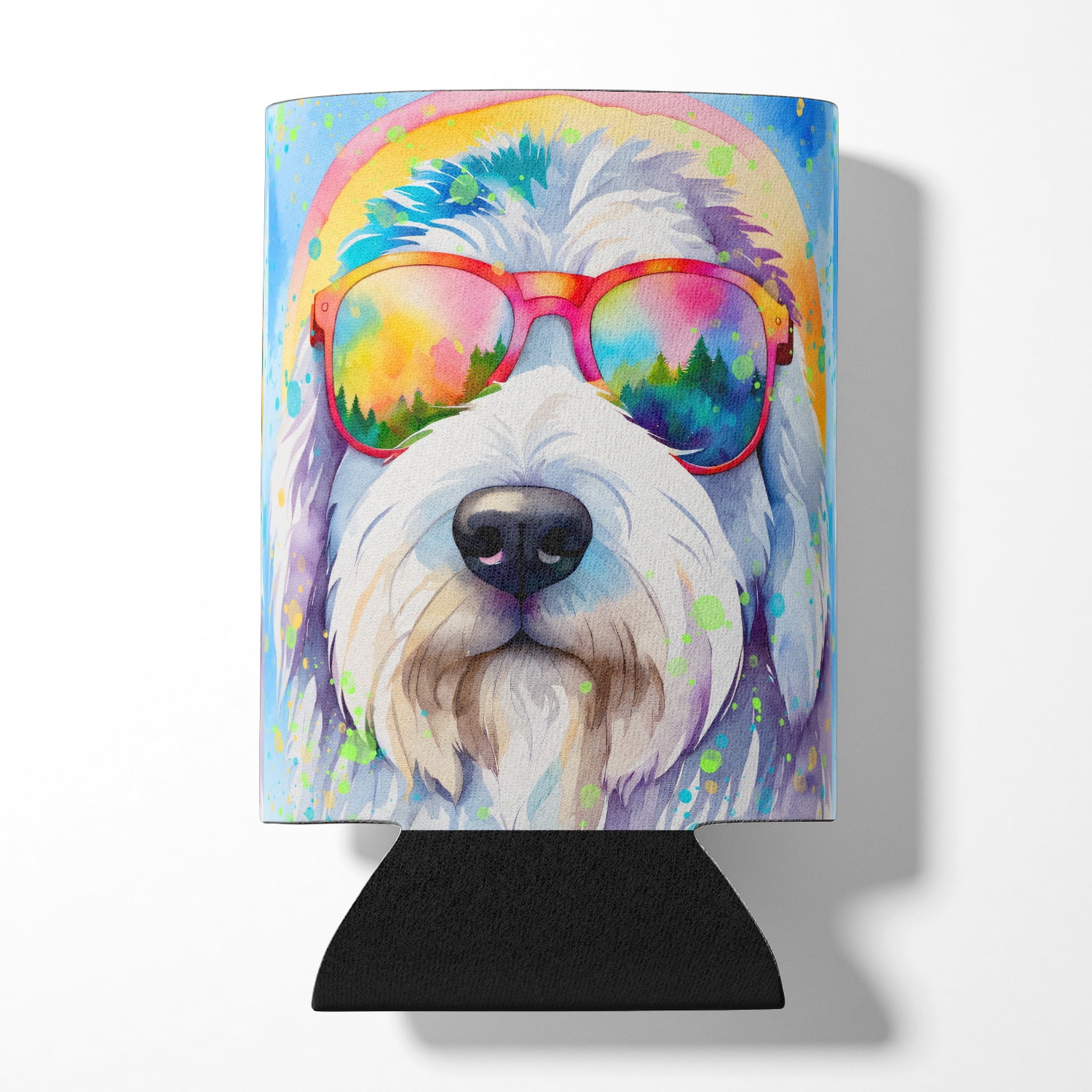Old English Sheepdog Hippie Dawg Can or Bottle Hugger 3 in x 5 in